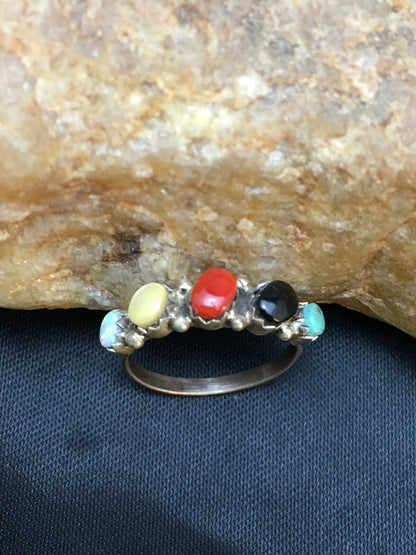 Zuni Blue Opal Coral Turquoise Ring | Authentic Native American Sterling Silver | Multi-Stone | Sz 6.5 | 8999