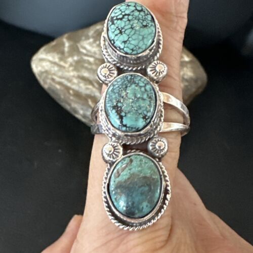 Navajo Blue Spiderweb Turquoise 3-Stone Ring | Authentic Native American Sterling Silver | Multi-Stone | Sz 9 | 16706