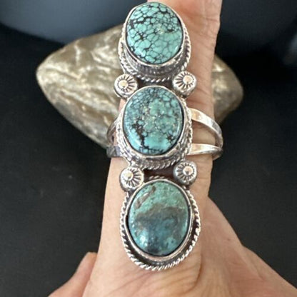 Navajo Blue Spiderweb Turquoise 3-Stone Ring | Authentic Native American Sterling Silver | Multi-Stone | Sz 9 | 16706