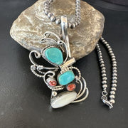 Navajo Kingman Turquoise Spiny Oyster | Mother of Pearl Necklace Pendant | Sterling Silver | 15952
