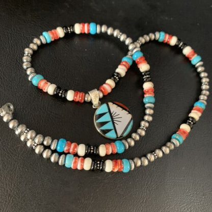 Zuni Multi-Color Turquoise Onyx Necklace with Inlay Pendant | Sterling Silver | 13565
