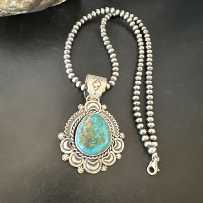 Navajo Blue Kingman Turquoise Pendant Necklace | Sterling Silver | 20" | Authentic Native American Handmade | 16352