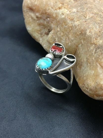 Navajo Blue Turquoise Coral Ring | Authentic Native American Sterling Silver | Multi-Stone | Sz 6.5 | 2780