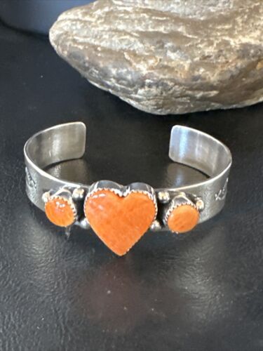 Navajo Orange Spiny Oyster Heart Cuff Bracelet | Sterling Silver | Authentic Native American Handmade | 15349