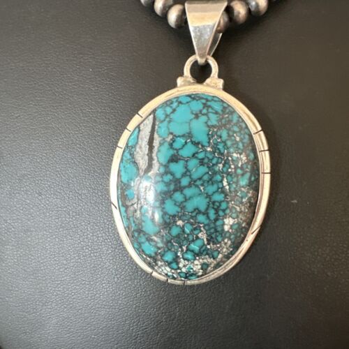 Men's Navajo Blue Spiderweb Turquoise Pendant Necklace | Sterling Silver | Authentic Native American Handmade | 16193