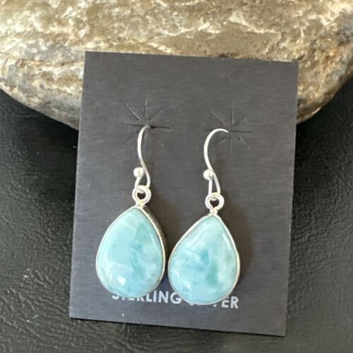 Navajo Blue Larimar Dangle Earrings | Sterling Silver | Authentic Native American Handmade | 17290