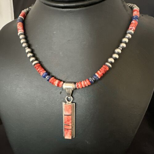 Navajo Pearls Sterling Silver Necklace | Lapis & Red Spiny Oyster Pendant | 17051