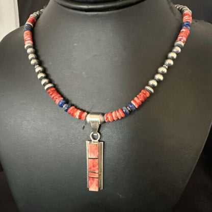 Navajo Pearls Sterling Silver Necklace | Lapis & Red Spiny Oyster Pendant | 17051