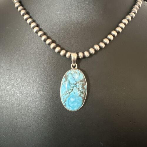 Navajo Blue Spiderweb Turquoise Pendant Necklace | Sterling Silver | Authentic Native American Handmade | 17024
