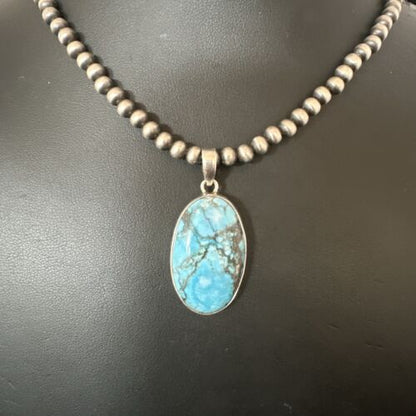 Navajo Blue Spiderweb Turquoise Pendant Necklace | Sterling Silver | Authentic Native American Handmade | 17024