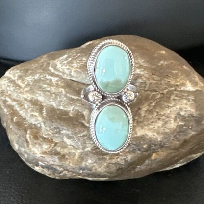 Navajo Blue Dry Creek Turquoise 2 Stone Ring | Authentic Native American Sterling Silver | Multi-Stone | Sz 9 | 16736