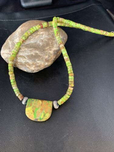 Navajo Green Gaspeite Turquoise Pendant | Sterling Silver | Authentic Native American Handmade | 13772