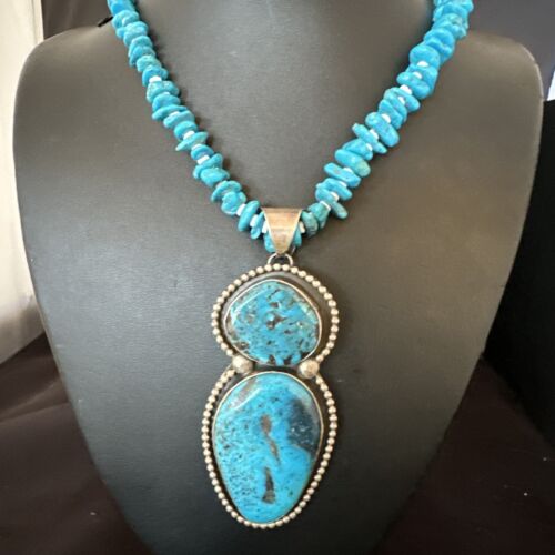 Navajo Blue Kingman Turquoise Pendant Necklace | Sterling Silver | 32" | Authentic Native American Handmade | 16068