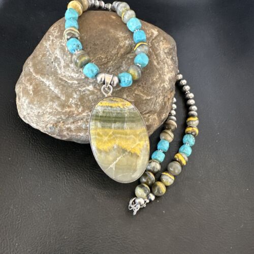 Men's BumbleBee Jasper Pendant Necklace | Navajo Pearls | Sterling Silver | Authentic Native American Handmade | 16878