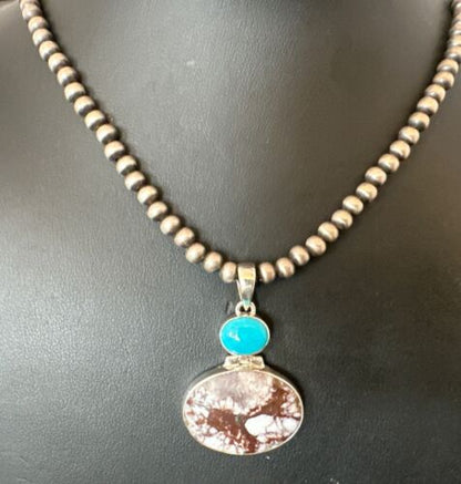 Navajo Wild Horse | Blue Kingman Turquoise Necklace | Sterling Silver | Authentic Native American Handmade | 17338