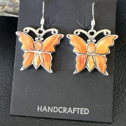 Navajo Butterfly Orange Spiny Oyster Inlay Earrings | Sterling Silver | Authentic Native American Handmade | 16523