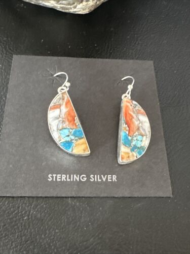 Navajo Blue Turquoise & Orange Spiny Oyster Inlay Dangle Earrings | Sterling Silver | 15584