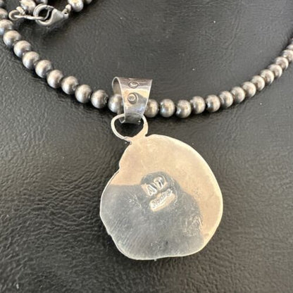 Navajo Orange Spiny Oyster Pendant Necklace | Sterling Silver Pearls | Authentic Native American Handmade | 16557