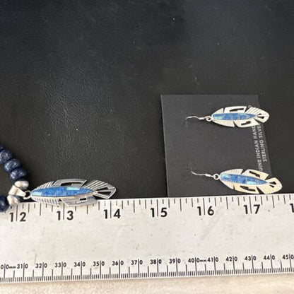 Navajo Opal Feather Multi-Color Lapis Pendant Necklace & Earring Set | Sterling Silver | Authentic Native American Handmade | 15031