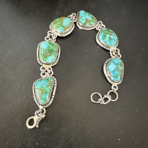 Navajo Green Sonoran Gold Turquoise 6-Stone Link Bracelet | Sterling Silver | Authentic Native American Handmade | 16373