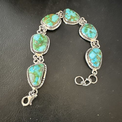 Navajo Green Sonoran Gold Turquoise 6-Stone Link Bracelet | Sterling Silver | Authentic Native American Handmade | 16373