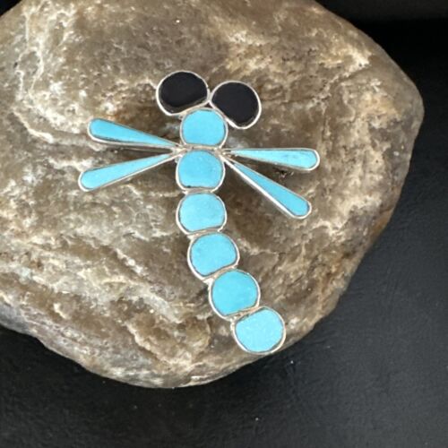 Navajo Blue Kingman Turquoise Dragonfly Inlay Pin Pendant | Sterling Silver | Authentic Native American Handmade | 15169