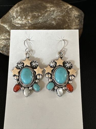 Navajo Coral Mother of Pearl Turquoise Sterling Silver Earrings | July Fourth | Handmade 15330
