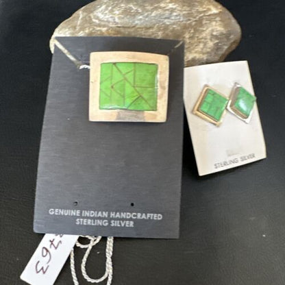 Navajo Green Gaspeite Pendant Necklace & Earrings Set | Sterling Silver | Authentic Native American Handmade | 3763