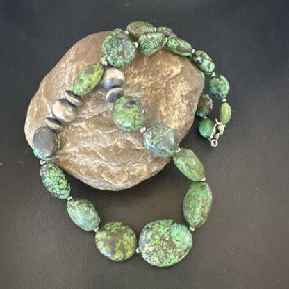 Navajo Green Spiderweb Turquoise Necklace | Sterling Silver | 20" | Authentic Native American Handmade | 17503