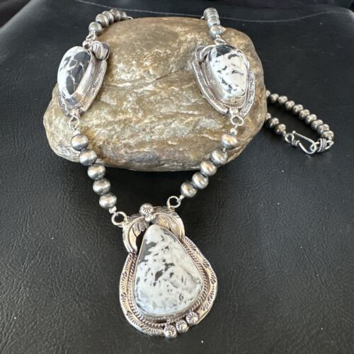 Navajo White Buffalo Turquoise Pendant Necklace | Sterling Silver | Authentic Native American Handmade | 15249
