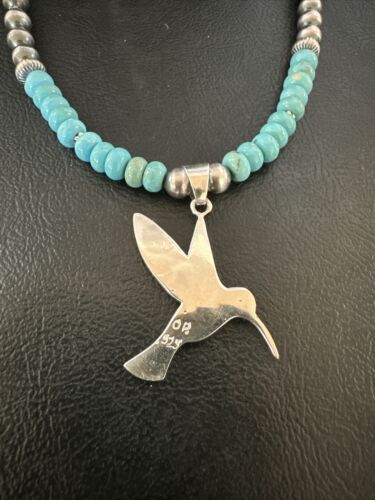 Navajo Turquoise Opal Hummingbird Inlay Pendant | Sterling Silver Necklace | Authentic Native American Handmade | 16844