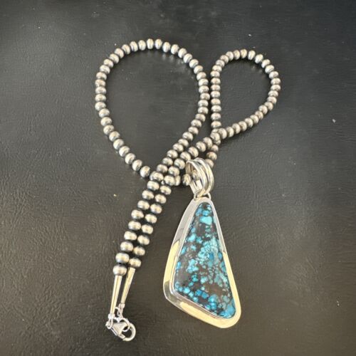 Men's Blue Spiderweb Turquoise Pendant Necklace | Navajo Sterling Silver | Authentic Native American Handmade | 14970