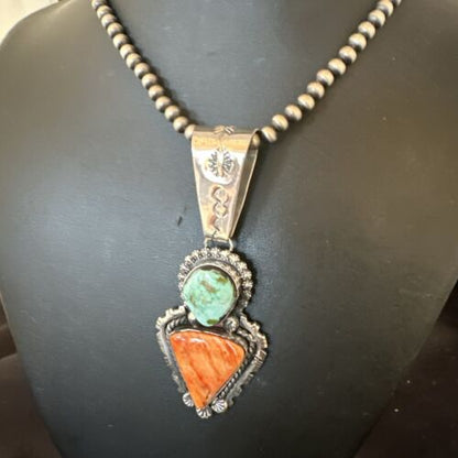 Navajo Green Royston Turquoise | Spiny Pendant Necklace | Sterling Silver | Native American Handmade | 17013