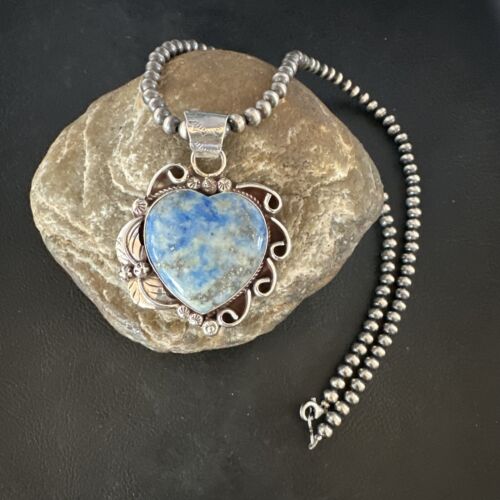 Men's Blue Heart Denim Lapis Pendant | Navajo Pearls Sterling Silver Necklace 21" | 15523