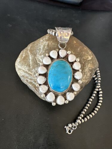 Navajo Blue Turquoise White Cluster Pendant Necklace | Sterling Silver | Multi-Stone | 17391