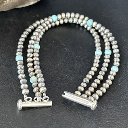 Navajo Pearls Sterling Silver Blue Turquoise 3-Strand Bracelet | 8.5" | Authentic Native American Handmade | 13576