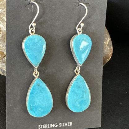 Navajo Blue Kingman Turquoise Dangle Earrings | Sterling Silver | Authentic Native American Handmade | 15122