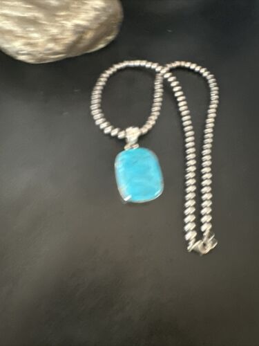 Navajo Blue Kingman Turquoise Pendant Necklace | Sterling Silver | 20" | Authentic Native American Handmade | 16695