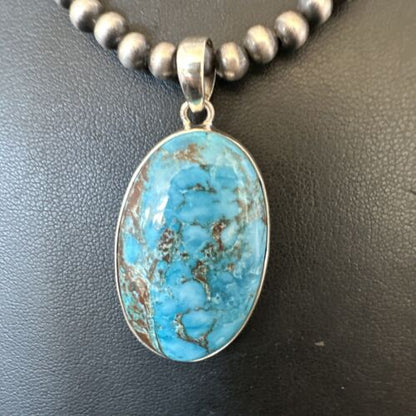 Men's Navajo Blue Spiderweb Turquoise Pendant Necklace | Sterling Silver | Authentic Native American Handmade | 16299