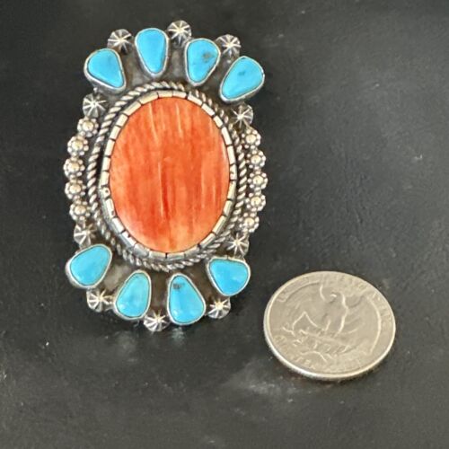 Navajo Turquoise Spiny Oyster Multi-Stone Ring | Authentic Native American Sterling Silver | Sz 8 | 15076
