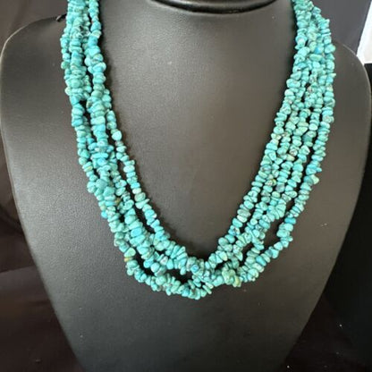 Navajo Blue Turquoise Nugget Bead Necklace | 5 Strand | Sterling Silver | 18" | 15077