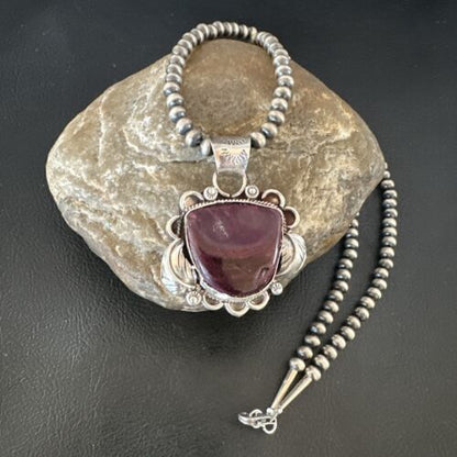 Navajo Men's Purple Spiny Oyster Pendant Necklace | Sterling Silver | Authentic Native American Handmade | 15625
