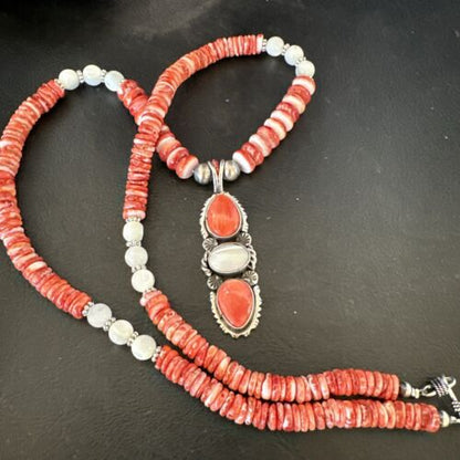 Navajo Red Spiny Oyster Mother of Pearl Pendant Necklace | Sterling Silver | Native American Handmade | 17658