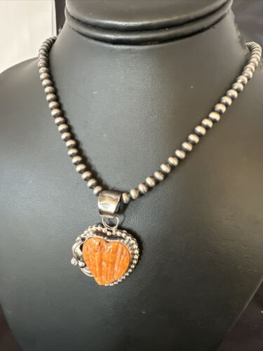 Navajo Orange Spiny Oyster Heart Pendant Necklace | Sterling Silver | Authentic Native American Handmade | 16416