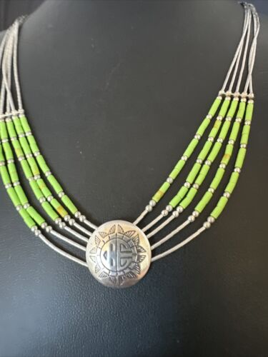 Navajo Green Gaspeite Heishi Concha Necklace | 5 Strand Liquid Sterling Silver | 20" | 15872