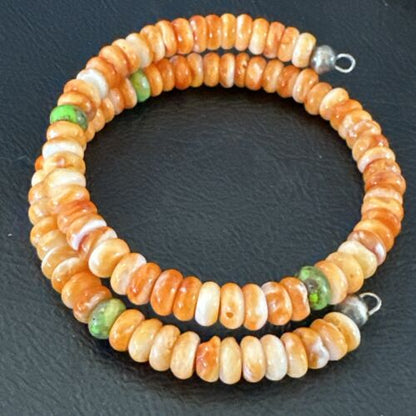 Navajo Orange Spiny Oyster & Green Turquoise Bracelet | 6mm Memory Wire | Authentic Native American Handmade | 17622