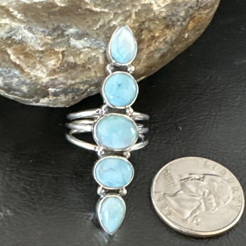 Navajo Blue Larimar Cluster Ring | Authentic Native American Sterling Silver | Multi-Stone | Sz 9.5 | 15938