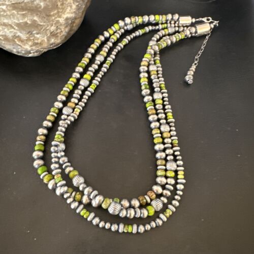 Navajo Pearls Green Turquoise Necklace | Sterling Silver | 3 Strand | 16403