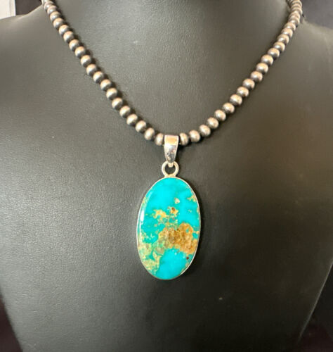 Blue Kingman Turquoise Pendant | Navajo Pearls | Sterling Silver Necklace 20" | 16688