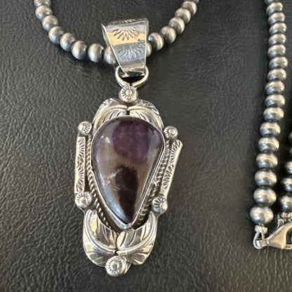 Navajo Purple Sugilite Pendant with Pearls | Sterling Silver Bead Necklace | Authentic Native American Handmade | 15413